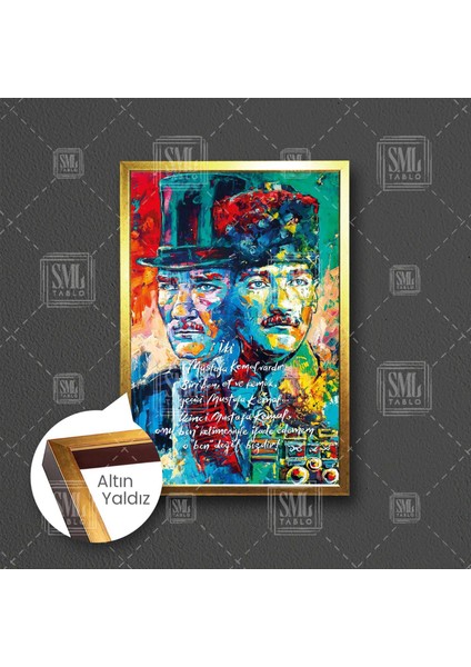 Yağlı Boya Efektli Mustafa Kemal Atatürk Portre Karizma Çerçeveli Dikey Kanvas Tablo