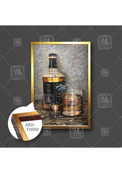 Içki Şişesi ve Bardak Içinde Yüzen Balık Cafe Bar Restorant Mutfak Dekor Çerçeveli Dikey Kanvas Tablo