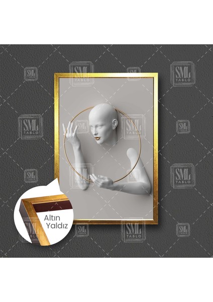 Altın Çember Çerçeve İçinde Mermer Kadın Çerçeveli Dikey Kanvas Tablo