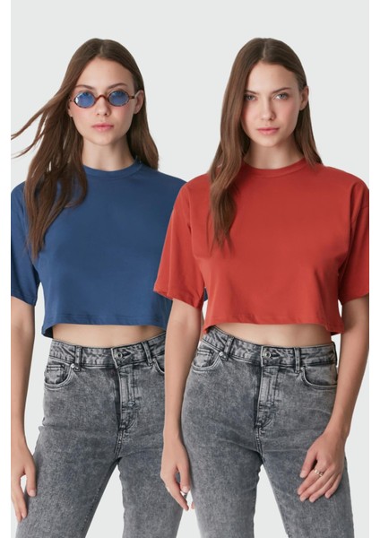 Bisiklet Yaka 2'li Crop T-Shirt 959 Kiremit/indigo