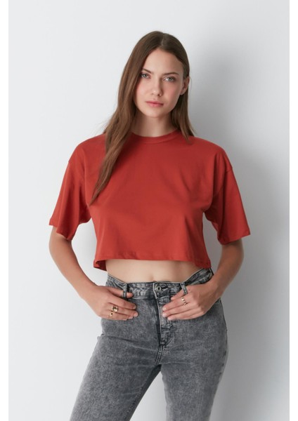 Bisiklet Yaka 2'li Crop T-Shirt 959 Kiremit/indigo modelleri