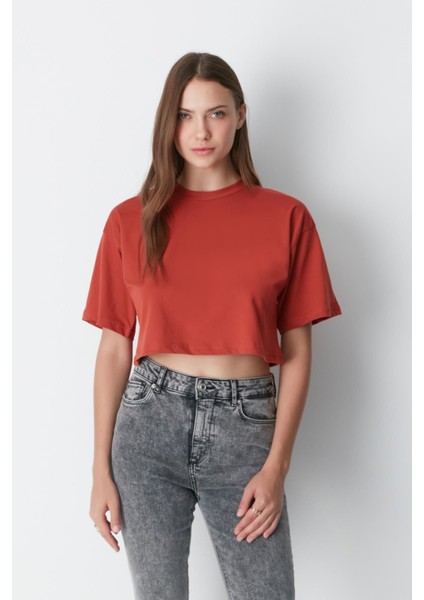 Bisiklet Yaka 2'li Crop T-Shirt 959 Kiremit/indigo fırsatları