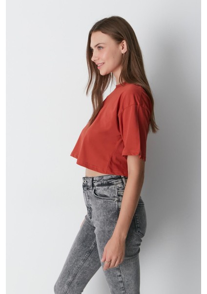 Bisiklet Yaka 2'li Crop T-Shirt 959 Kiremit/indigo indirimleri