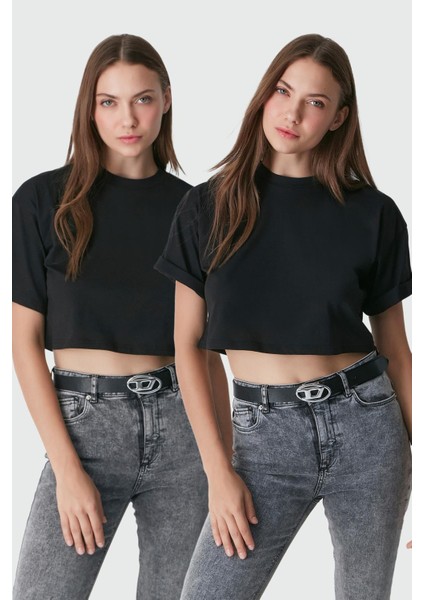 Bisiklet Yaka 2'li Crop T-Shirt 959 Siyah