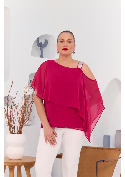 Omuz Taş Detay Içlikli Şifon Büyük Beden Bluz Fuşya