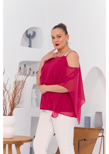 Omuz Taş Detay Içlikli Şifon Büyük Beden Bluz Fuşya fiyatları