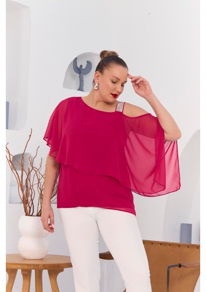 Omuz Taş Detay Içlikli Şifon Büyük Beden Bluz Fuşya modelleri