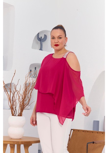 Omuz Taş Detay Içlikli Şifon Büyük Beden Bluz Fuşya fırsatları