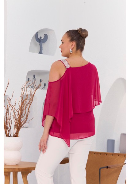 Omuz Taş Detay Içlikli Şifon Büyük Beden Bluz Fuşya indirimleri