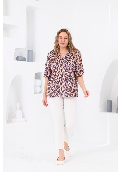 Kolye Detaylı Büyük Beden Leopar Bluz indirimleri