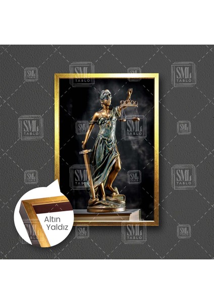Gözü Kapalı Bir Elinde Kılıç Bir Elinde Terazi Themis Adalet Heykel Hukuk Anayasa Dekor Çerçeveli Dikey Kanvas Tablo