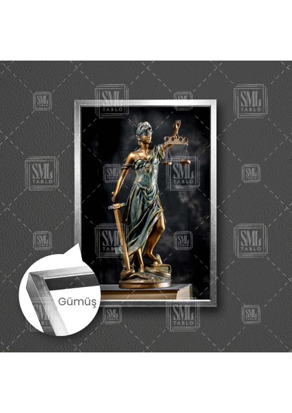 Gözü Kapalı Bir Elinde Kılıç Bir Elinde Terazi Themis Adalet Heykel Hukuk Anayasa Dekor Çerçeveli Dikey Kanvas Tablo