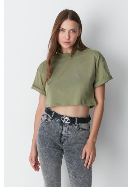 Bisiklet Yaka 2'li Crop T-Shirt 959 Haki/füme fırsatları