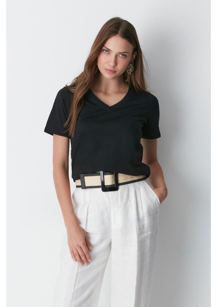 V Yaka Kısa Kol 2'li Basic T-Shirt 962 Siyah