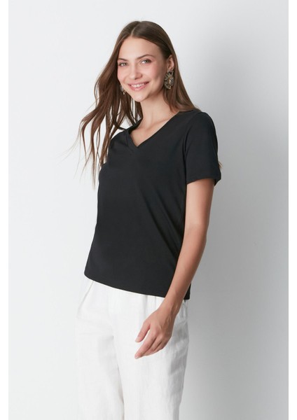 V Yaka Kısa Kol 2'li Basic T-Shirt 962 Siyah