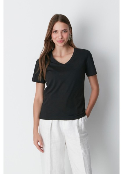 V Yaka Kısa Kol 2'li Basic T-Shirt 962 Siyah