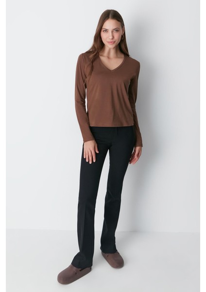 V Yaka Uzun Kol 2'li Basic T-Shirt 954 Füme/kahverengi modelleri