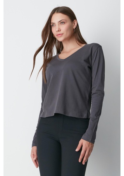 V Yaka Uzun Kol 2'li Basic T-Shirt 954 Füme/kahverengi fırsatları
