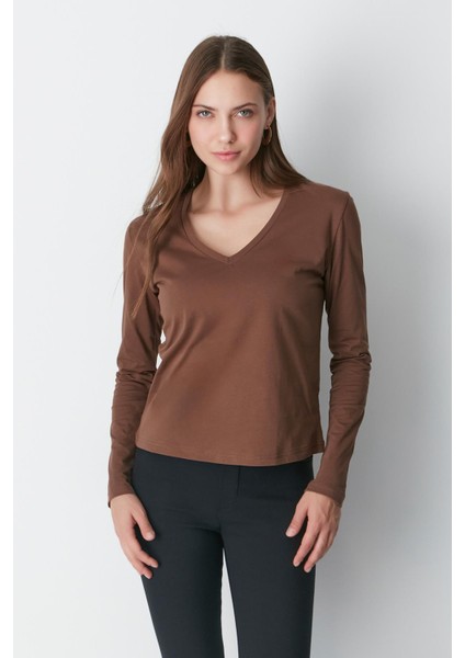 V Yaka Uzun Kol 2'li Basic T-Shirt 954 Füme/kahverengi indirimleri