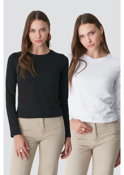 Bisiklet Yaka Uzun Kol 2'li Basic T-Shirt 955 Siyah/beyaz