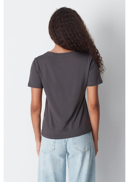V Yaka Kısa Kol 2'li Basic T-Shirt 962 Füme/bordo
