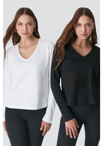 V Yaka Uzun Kol 2'li Basic T-Shirt 954 Siyah/beyaz