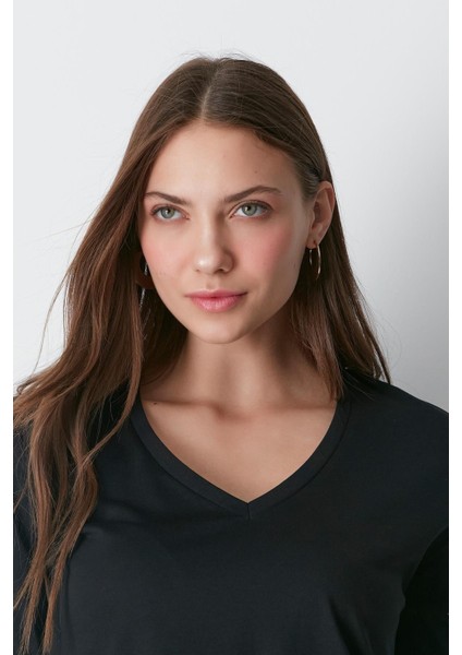 V Yaka Uzun Kol 2'li Basic T-Shirt 954 Siyah/beyaz modelleri