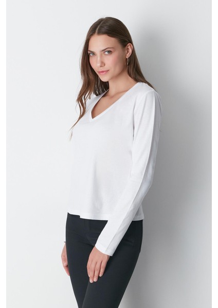 V Yaka Uzun Kol 2'li Basic T-Shirt 954 Siyah/beyaz indirimleri