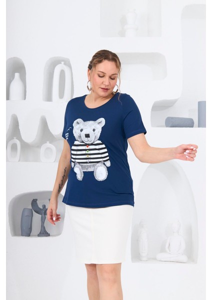 Ayıcık Baskılı Büyük Beden Indigo T-Shirt