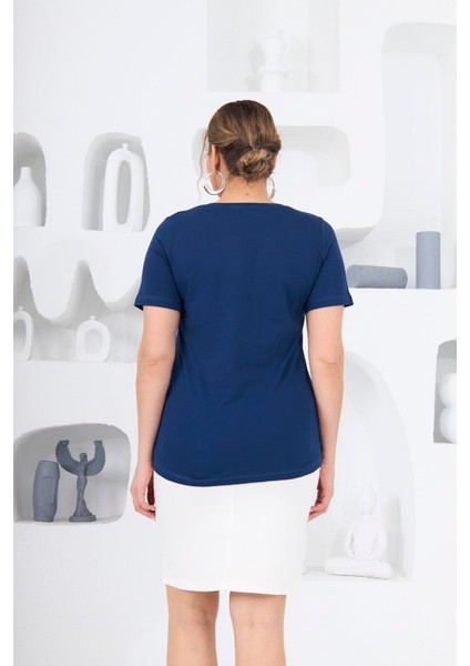 Ayıcık Baskılı Büyük Beden Indigo T-Shirt