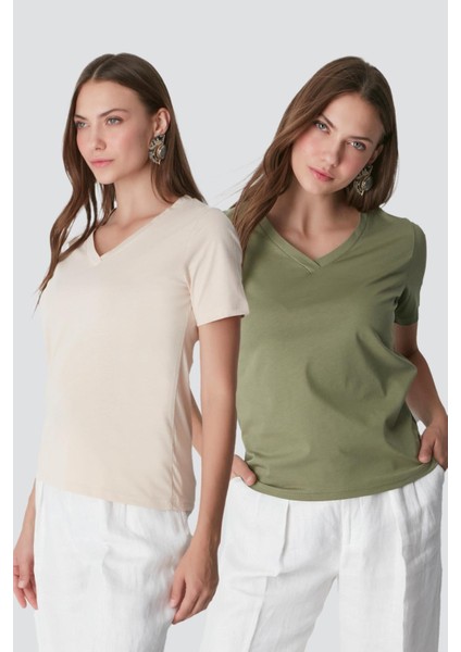 V Yaka Kısa Kol 2'li Basic T-Shirt 962 Haki/bej