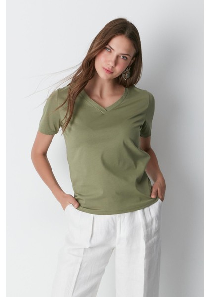 V Yaka Kısa Kol 2'li Basic T-Shirt 962 Haki/bej indirimleri