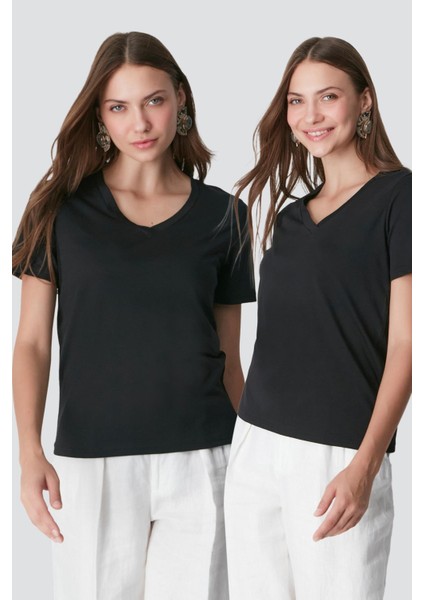 V Yaka Kısa Kol 2'li Basic T-Shirt 962 Siyah