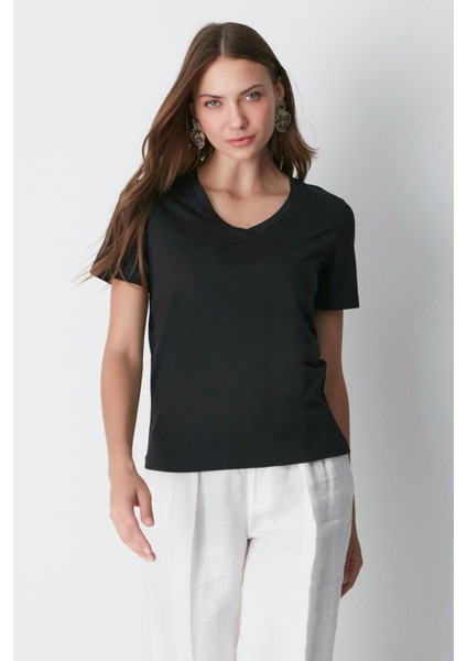 V Yaka Kısa Kol 2'li Basic T-Shirt 962 Siyah indirimleri