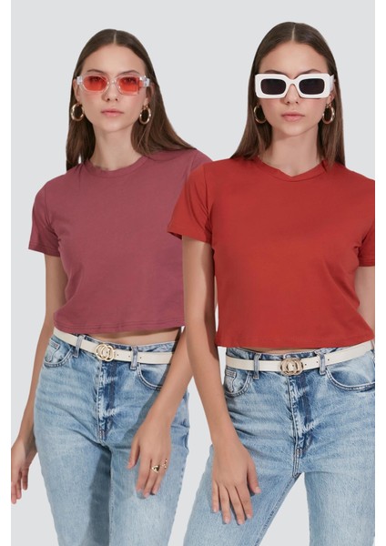 Bisiklet Yaka Kısa Kol 2'li Crop T-Shirt 956 Kiremit/gül Kurusu