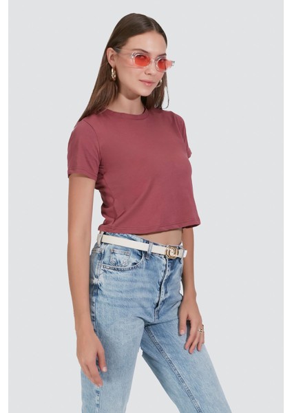 Bisiklet Yaka Kısa Kol 2'li Crop T-Shirt 956 Kiremit/gül Kurusu modelleri