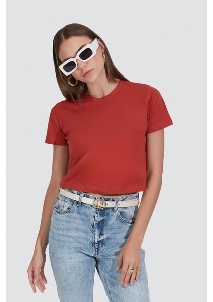 Bisiklet Yaka Kısa Kol 2'li Crop T-Shirt 956 Kiremit/gül Kurusu fırsatları