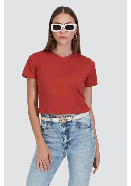 Bisiklet Yaka Kısa Kol 2'li Crop T-Shirt 956 Kiremit/gül Kurusu indirimleri