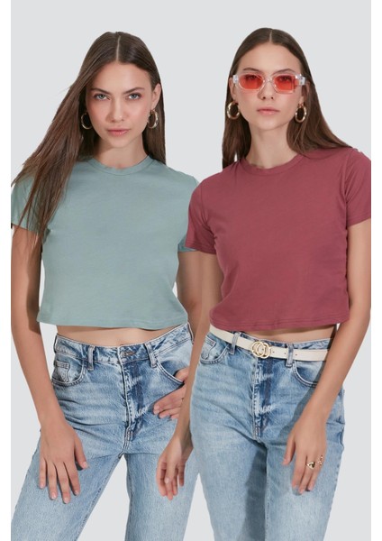 Bisiklet Yaka Kısa Kol 2'li Crop T-Shirt 956 Çağla/gül Kurusu