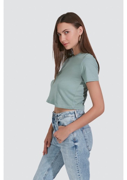 Bisiklet Yaka Kısa Kol 2'li Crop T-Shirt 956 Çağla/gül Kurusu indirimleri