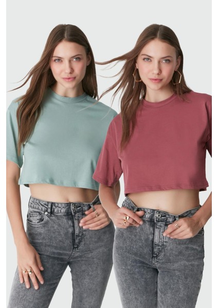 Bisiklet Yaka 2'li Crop T-Shirt 959 Çağla/gül Kurusu
