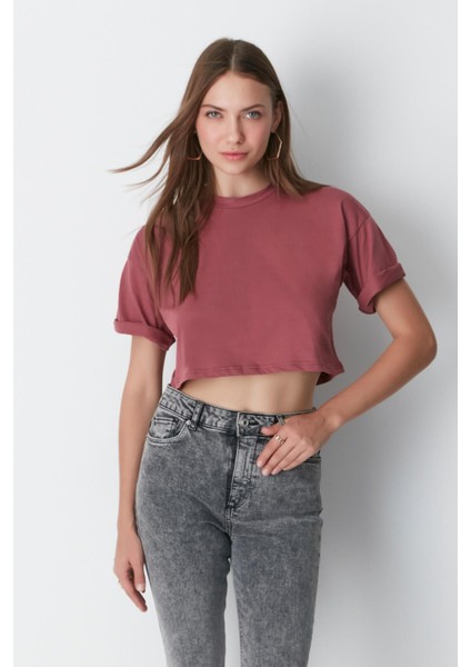 Bisiklet Yaka 2'li Crop T-Shirt 959 Çağla/gül Kurusu modelleri