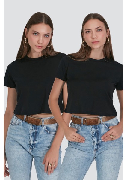 Bisiklet Yaka Kısa Kol 2'li Crop T-Shirt 956 Siyah