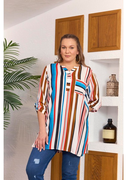 Çizgili Büyük Beden Uzun Mavi Tunik