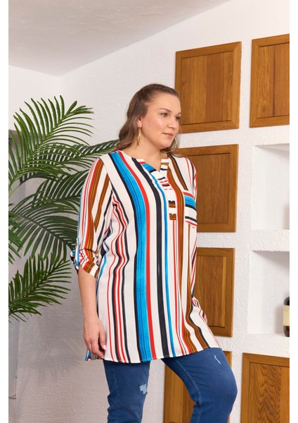 Çizgili Büyük Beden Uzun Mavi Tunik fiyatları