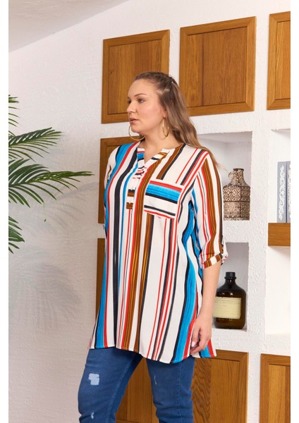 Çizgili Büyük Beden Uzun Mavi Tunik modelleri