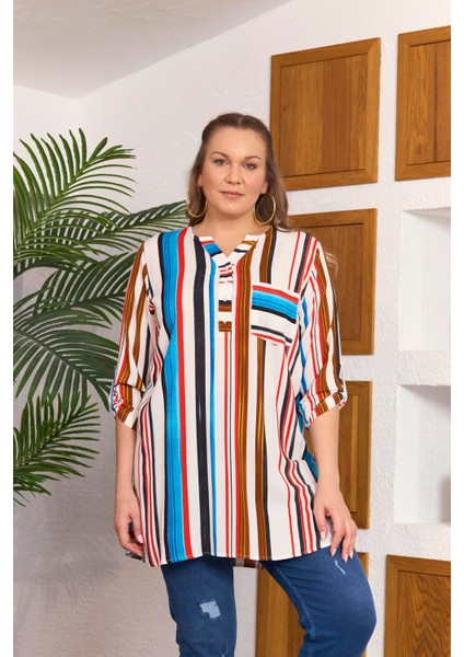 Çizgili Büyük Beden Uzun Mavi Tunik fırsatları