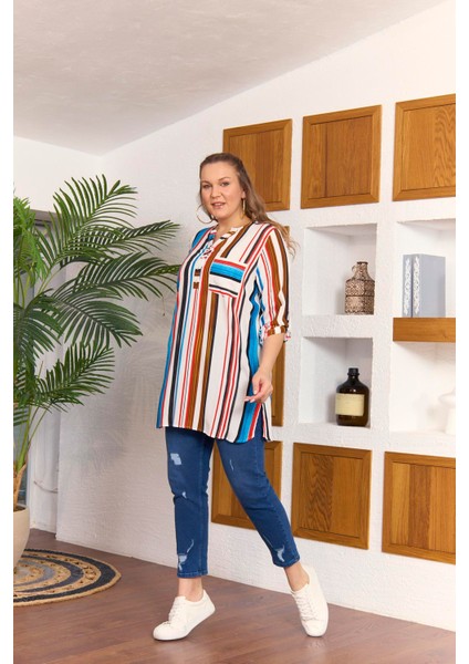 Çizgili Büyük Beden Uzun Mavi Tunik indirimleri