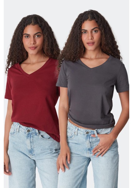 V Yaka Kısa Kol 2'li Basic T-Shirt 962 Füme/bordo