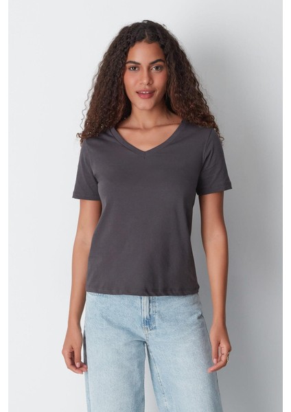 V Yaka Kısa Kol 2'li Basic T-Shirt 962 Füme/bordo modelleri